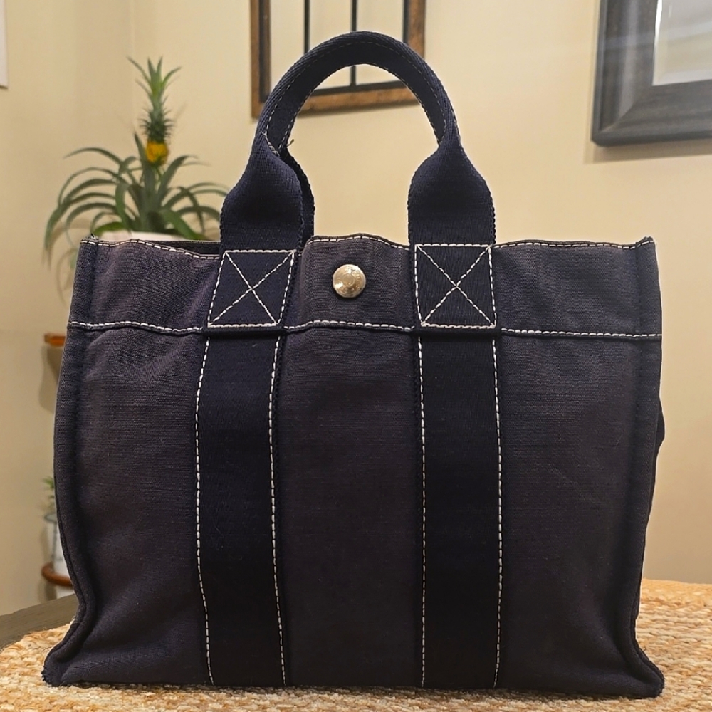 Hermes Navy Canvas Tote Bag with Contrast Stitching